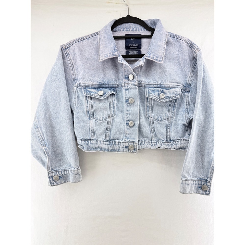 Gap Teen Light Wash Cropped Denim Trucker Jacket SZ L 10-11 600405-00 Blue Pink‎